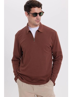 Tudors Erkek Relax Fit Rahat Kesim %100 Pamuk Yarım Fermuarlı Polo Yaka İnterlok Kahverengi Sweatshirt
