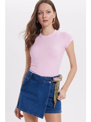 Tudors Kadın Slim Fit Dar Kesim Bisiklet Yaka Viskon Kumaş Ultra Soft Pembe Tişört Bluz