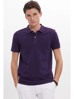 Tudors Erkek Slim Fit Dar Kesim %100 Pamuk Kısa Kollu Polo Yaka Mor Tişört