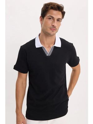 Tudors Erkek Slim Fit Dar Kesim %100 Pamuk Siyah Polo Yaka Tişört