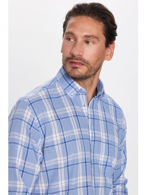 Tudors Erkek Regular Fit Klasik Kesim Oversize %100 Pamuk Keten Doku Tek Cepli Kareli Kısa Kollu Düğmeli Yaka Gömlek
