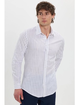 Tudors Erkek Slim Fit Dar Kesim Uzun Kollu %100 Pamuk Keten Doku Çizgili Gömlek