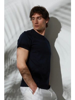 Tudors Unisex Slim Fit Dar Kesim %100 Pamuk Yumuşak Dokulu Lacivert Bisiklet Yaka Tişört