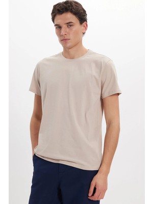 Tudors Unisex Slim Fit Dar Kesim %100 Pamuk Yumuşak Dokulu Vizon Bisiklet Yaka Tişört