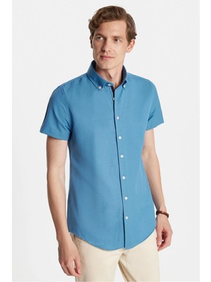 Tudors Erkek Slim Fit Dar Kesim Kısa Kollu Spor Yaka Oxford Doku Pamuklu İndigo Gömlek