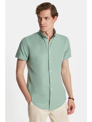 Tudors Erkek Slim Fit Dar Kesim Kısa Kollu Spor Yaka Oxford Doku Pamuklu Yeşil Gömlek