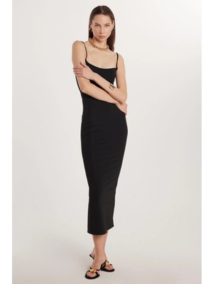 Tudors Kadın Slim Fit Dar Kesim Ince Askılı Kare Yaka Siyah Elbise
