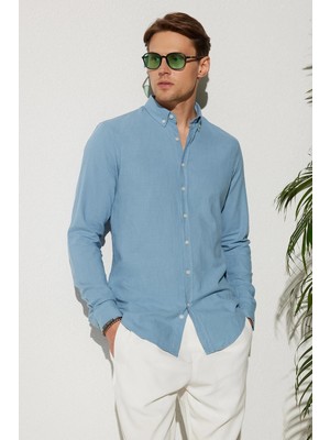Erkek Slim Fit Dar Kesim %100 Pamuk Keten Doku Düğmeli Yaka Mavi Gömlek