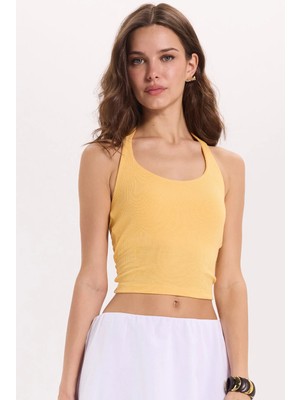 Tudors Kadın Slim Fit Dar Kesim Pamuklu Halter Yaka Kaşkorse Sarı Crop
