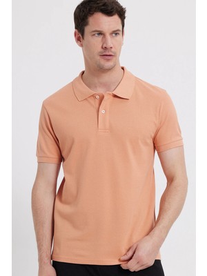 Tudors Erkek Slim Fit Dar Kesim %100 Pamuk Kısa Kollu Polo Yaka Turuncu Tişört