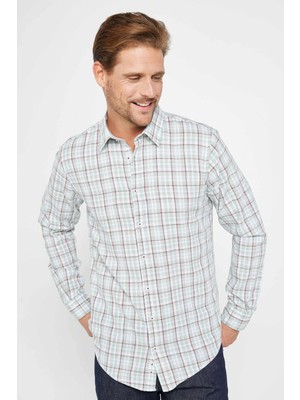 Tudors Erkek Slim Fit Dar Kesim Uzun Kollu %100 Pamuk Keten Doku Kareli Gömlek