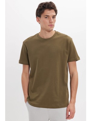 Tudors Unisex Relax Fit Rahat Kesim %100 Pamuk Yumuşak Dokulu Hafif Kalın Haki Bisiklet Yaka Tişört