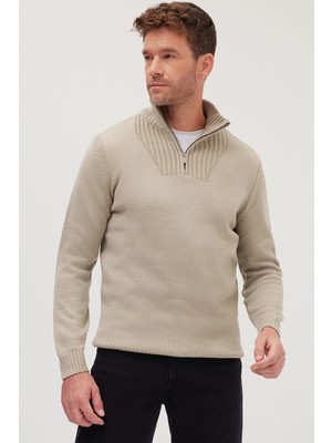 Tudors Erkek Slim Fit Dar Kesim Armürlü Fermuarlı Taş Dik Yaka Kazak