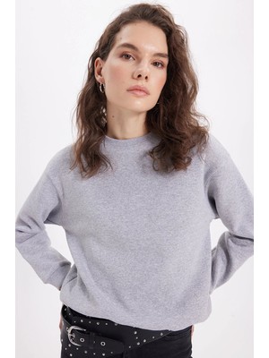 Tudors Kadın Oversize Geniş Kesim Pamuklu Bisiklet Yaka Gri Sweatshirt