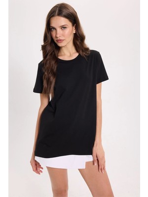 Tudors Kadın Slim Fit Dar Kesim %100 Pamuk Kısa Kollu Bisiklet Yaka Siyah Tişört Bluz