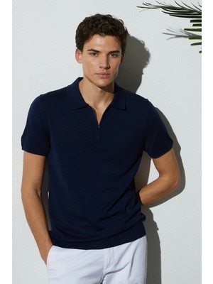 Tudors Erkek Slim Fit Dar Kesim %100 Pamuk Örme Triko Fermuarlı Lacivert Polo Yaka Tişört