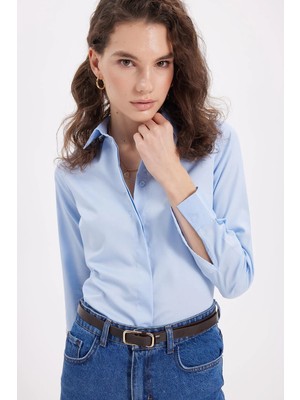 Tudors Kadın Slim Fit Non-Iron Pamuklu Vücuda Oturan Ütü Gerektirmez Pensli Mavi Gömlek