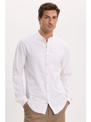 Tudors Erkek Slim Fit Dar Kesim Uzun Kollu %100 Pamuk Keten Doku Çizgili Hakim Yaka Gömlek
