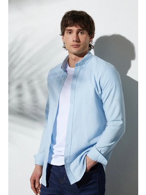 Tudors Erkek Slim Fit Dar Kesim Uzun Kollu %100 Pamuk Keten Doku Düğmeli Yaka Mavi Gömlek