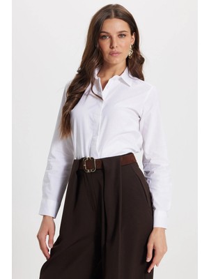 Tudors Kadın Slim Fit Dar Kesim %100 Pamuk Spor Yaka Gizli Pat Uzun Kol Düz Oxford Leke Tutmaz Beyaz Gömlek
