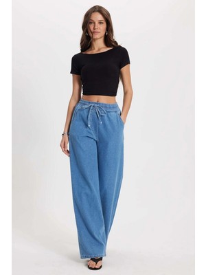 Tudors Kadın Relax Fit Rahat Kesim %100 Pamuk Beli Bağcıklı Lastikli Denim Efektli Açık Mavi Palazzo Pantolon