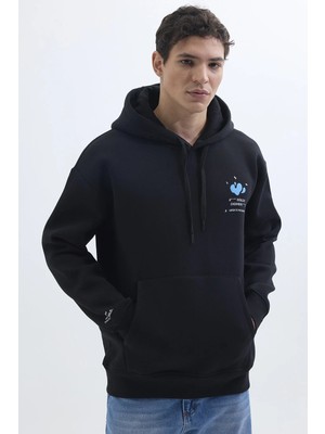 Tudors Unisex Oversize Geniş Kesim Pamuklu Yumuşak Dokulu İçi Polarlı Baskılı Siyah Kapüşonlu Sweatshirt