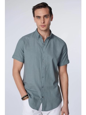 Tudors Erkek Slim Fit Dar Kesim Kısa Kollu %100 Pamuk Keten Doku Düğmeli Yaka Gri Gömlek