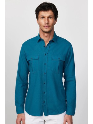 Tudors Erkek Regular Fit Klasik Kesim Oversize %100 Pamuk Keten Doku Çift Cep Petrol Renk Gömlek