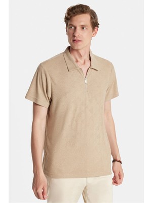 Tudors Erkek Slim Fit Dar Kesim Viskon Fermuarlı Polo Yaka Bej Tişört