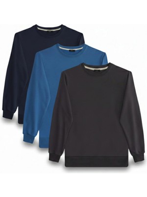 Tudors Erkek 3'lü Füme-Mavi-Lacivert Relax Fit Rahat Kesim %100 Pamuk 2 İplik Bisiklet Yaka Sweatshirt