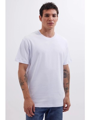 Tudors Unisex Relax Fit Rahat Kesim %100 Pamuk Yumuşak Dokulu Hafif Kalın Basic Bisiklet Yaka Beyaz Tişört