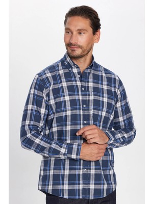 Tudors Erkek Regular Fit Klasik Kesim Oversize %100 Pamuk Keten Doku Tek Cep Kareli Düğmeli Yaka Gömlek