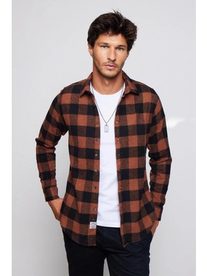 Tudors Slim Fit Uzun Kollu Dar Kesim Kareli Spor Yaka Kışlık Oduncu Erkek Gömlek