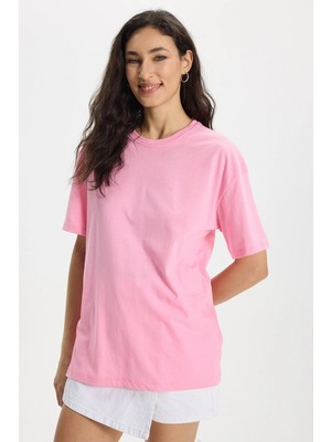 Tudors Kadın Slim Fit Dar Kesim %100 Pamuk Kısa Kollu Bisiklet Yaka Pembe Tişört Bluz