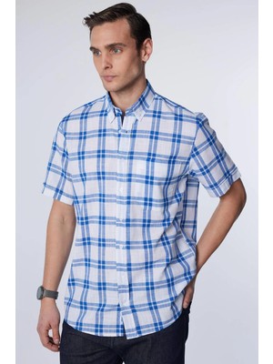 Tudors Erkek Regular Fit Klasik Kesim Oversize %100 Pamuk Keten Doku Tek Cep Kareli Düğmeli Yaka Gömlek