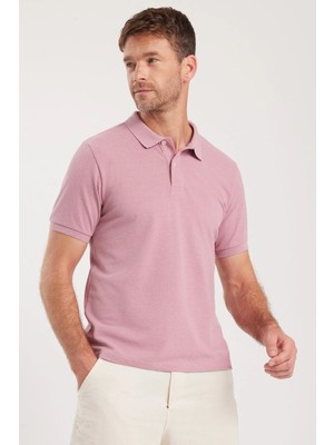 Tudors Erkek Slim Fit Dar Kesim Pamuklu Yumuşak Dokulu Serin Tutan Kumaş Düz Pike Lila Polo Yaka Tişört