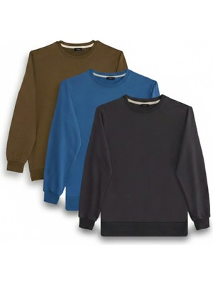 Tudors Erkek 3'lü Füme-Mavi-Yeşil Relax Fit Rahat Kesim %100 Pamuk 2 İplik Bisiklet Yaka Sweatshirt