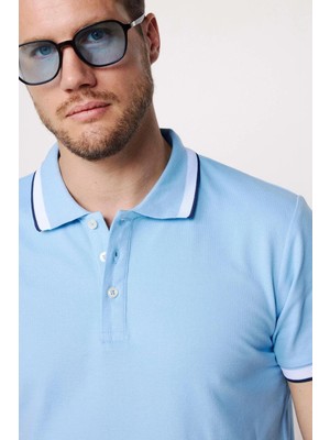 Tudors Erkek Slim Fit Dar Kesim %100 Pamuk Düz Pike Kol Şeritli Mavi Polo Yaka Tişört