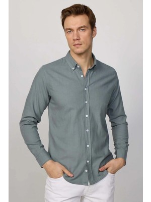 Tudors Erkek Slim Fit Dar Kesim %100 Pamuk Keten Doku Düğmeli Yaka Gri Gömlek