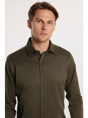 Tudors Erkek Slim Fit Dar Kesim Pamuklu Haki Gömlek