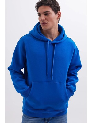 Tudors Unisex Oversize Geniş Kesim Pamuklu Yumuşak Dokulu İçi Polarlı Basic Sax Mavi Kapüşonlu Sweatshirt