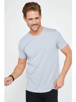 Tudors Erkek Slim Fit Dar Kesim Pamuklu Yumuşak Doku Likralı Esnek Kumaş Basic Gri Bisiklet Yaka Tişört