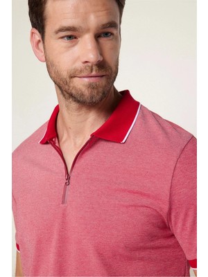 Tudors Erkek Slim Fit Dar Kesim Pamuklu Fermuarlı Bordo Polo Yaka Tişört