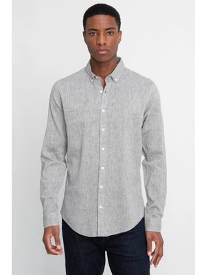 Tudors Erkek Slim Fit Dar Kesim Uzun Kollu Keten Premium Seri Düğmeli Yaka Spor Haki Gömlek