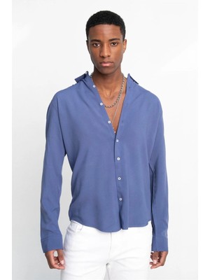 Tudors Slim Fit Uzun Kollu Dar Kesim Dökümlü Viskon Şık Erkek Indigo Gömlek