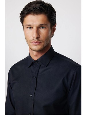 Tudors Modern Slim Fit Uzun Kollu Pamuklu Kolay Ütü Armürlü Siyah Erkek Gömlek