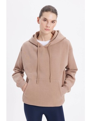 Tudors Kadın Oversize Geniş Kesim Pamuklu Yumuşak Dokulu İçi Polarlı Basic Vizon Kapüşonlu Sweatshirt