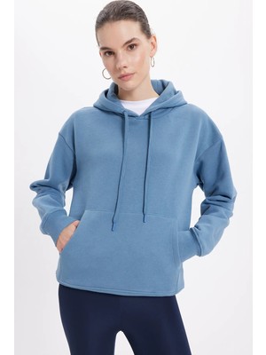 Tudors Kadın Oversize Geniş Kesim Pamuklu Yumuşak Dokulu İçi Polarlı Basic İndigo Kapüşonlu Sweatshirt