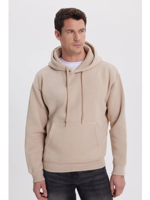 Tudors Unisex Oversize Geniş Kesim Pamuklu Yumuşak Dokulu Içi Polarlı Basic Bej Kapüşonlu Sweatshirt