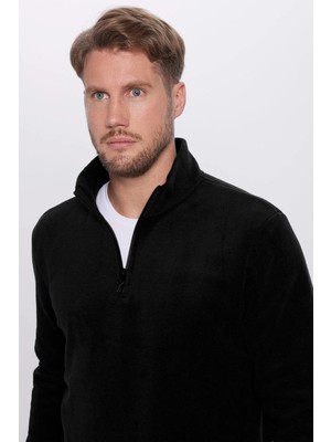 Tudors Unisex Standart Fit Rahat Kesim Tüylenme Yapmayan Soğuk Geçirmez Siyah Dik Yaka Polar Sweatshirt